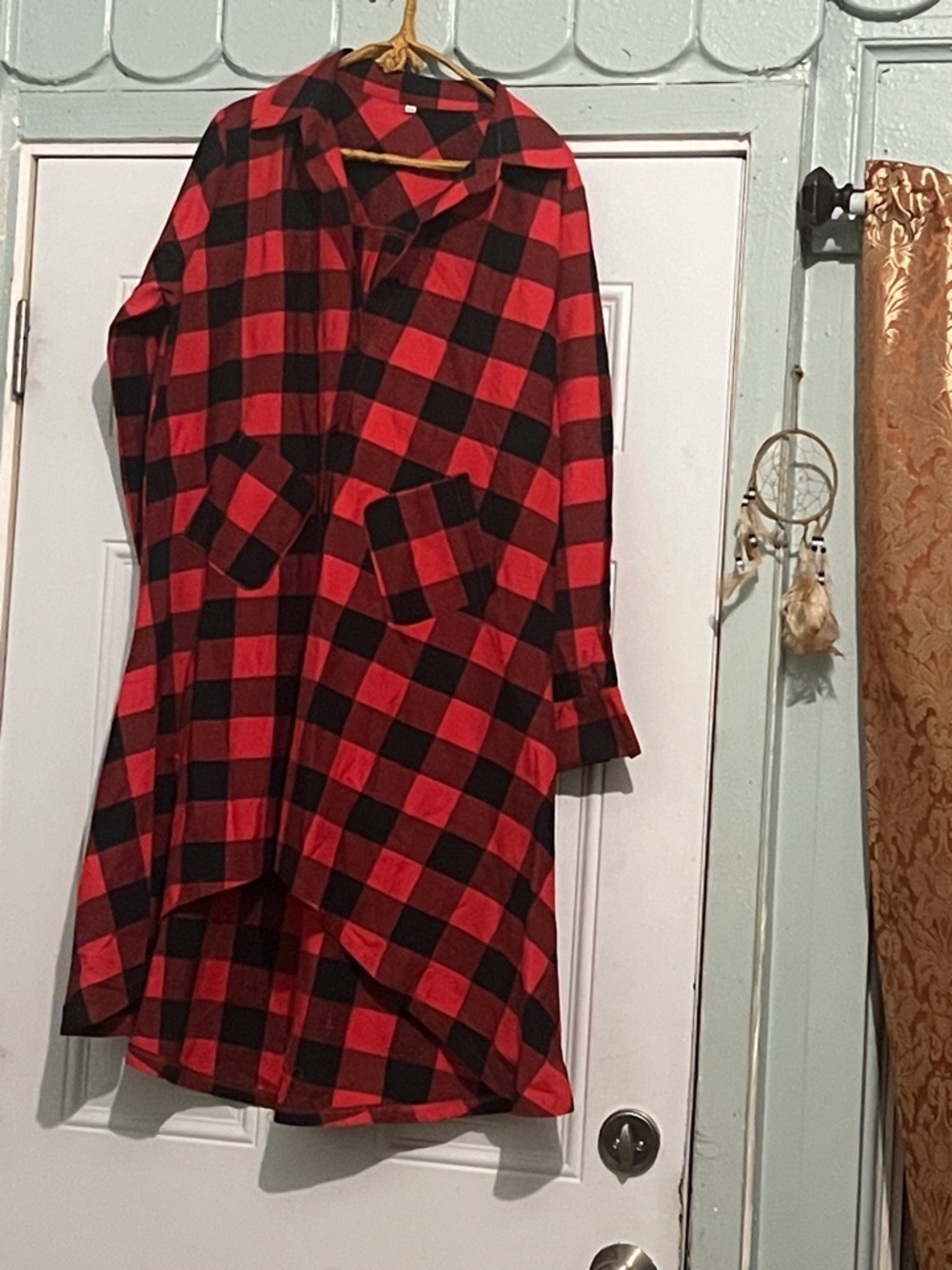 Red and Black Buffalo Check Hi-Low Shirt Dress - Picture 2 of 6